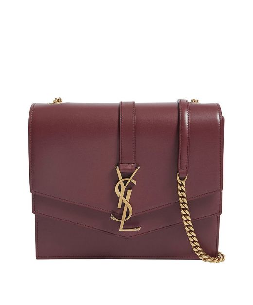 Low Price Burgundy Leather Double Envelope Flap Gold Hardware YSL Logo Sulpice—Replica Saint Laurent Ladies Chain Bag