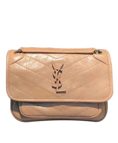 Replica Saint Laurent Niki Sand Brown Leather V Quilted Detail Women'S Flap YSL Logo Top Sliding Zip Design Vintage Bag