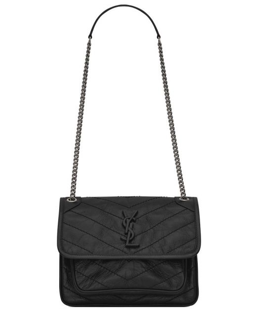 Online Black Leather Front Flap YSL Logo Top Sliding Chain Niki—Replica Saint Laurent Mini Shoulder Bag