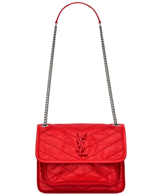 Good Review Imitated Saint Laurent Niki Women'S Bright Red Leather YSL Logo Flap Design Sliding Chain Crossbody Mini Bag