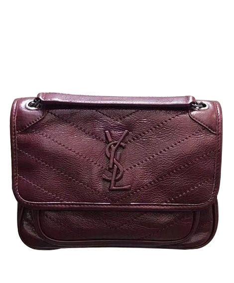 For Sale Burgundy Leather V-Quilted Detail Front Flap Magnetic Closure YSL Logo Niki—Replica Saint Laurent Mini Bag For Ladies