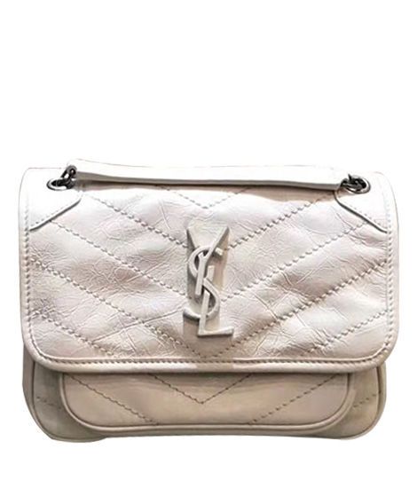 Low Price White Wrinkled Leather V Quilted Vintage YSL Hardware Niki—Fake Saint Laurent Flap Ladies Mini Shoulder Bag