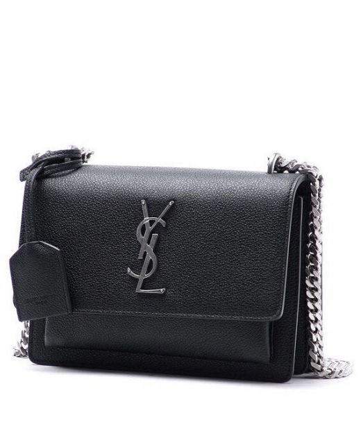 Replica Saint Laurent Sunset Women'S Black Grain Leather Magnetic Flap Closure Silver YSL Logo Top Chain Shoulder Bag
